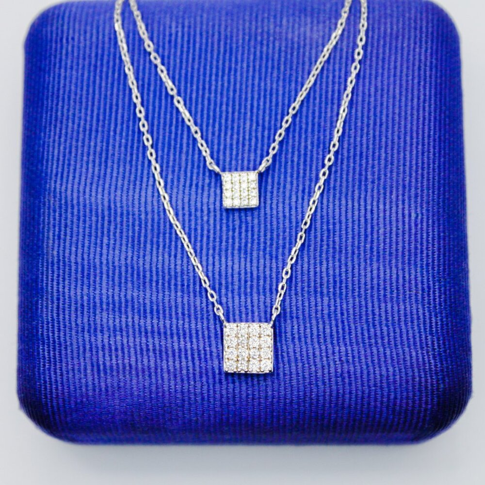 925 Sterling Silver Double Attached Pendant 2 Strand Necklace Pave Set CZ Signed